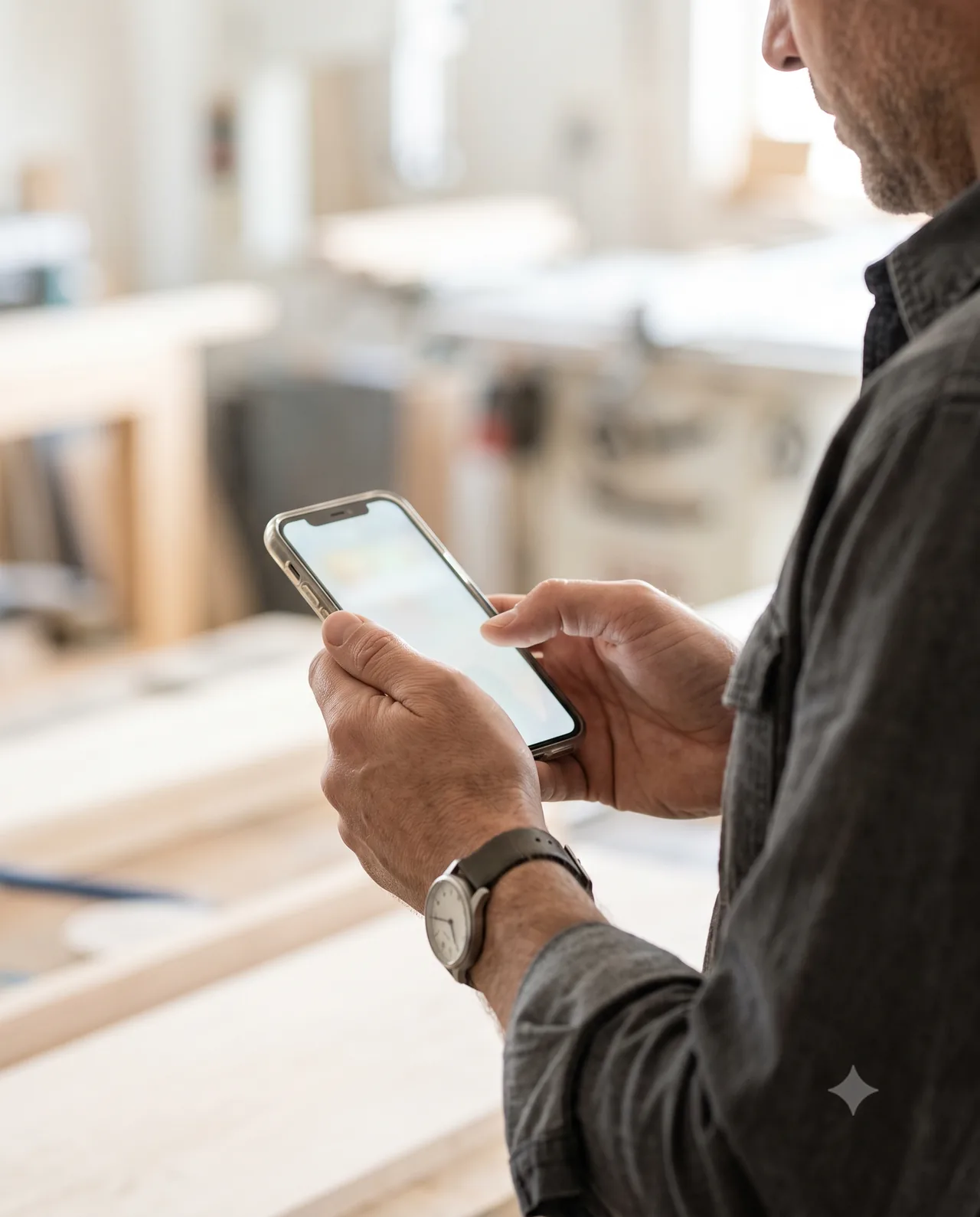 Person in einer Werkstatt schaut auf ein Smartphone